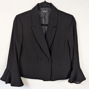 Topshop Cropped Women's US 2 Black Blazer Ruffle Cuff Tailored Jacket